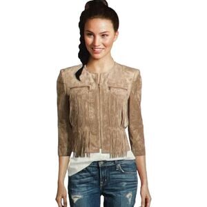 BCBGMAXAZRIA Women’s Reiss Stretch Woven Microsuede Fringe Jacket Tan Size XS
